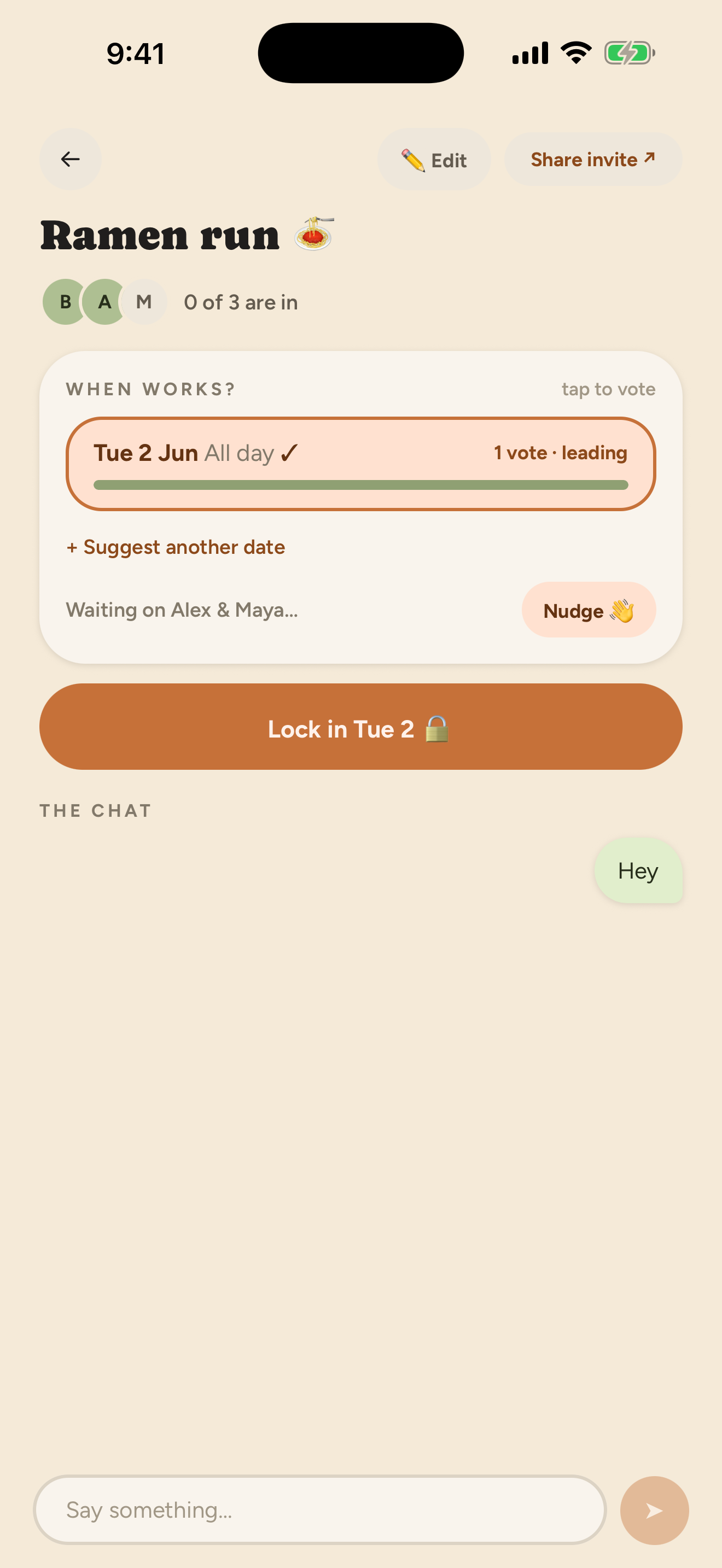 Event screen: date voting with a leading option and group chat