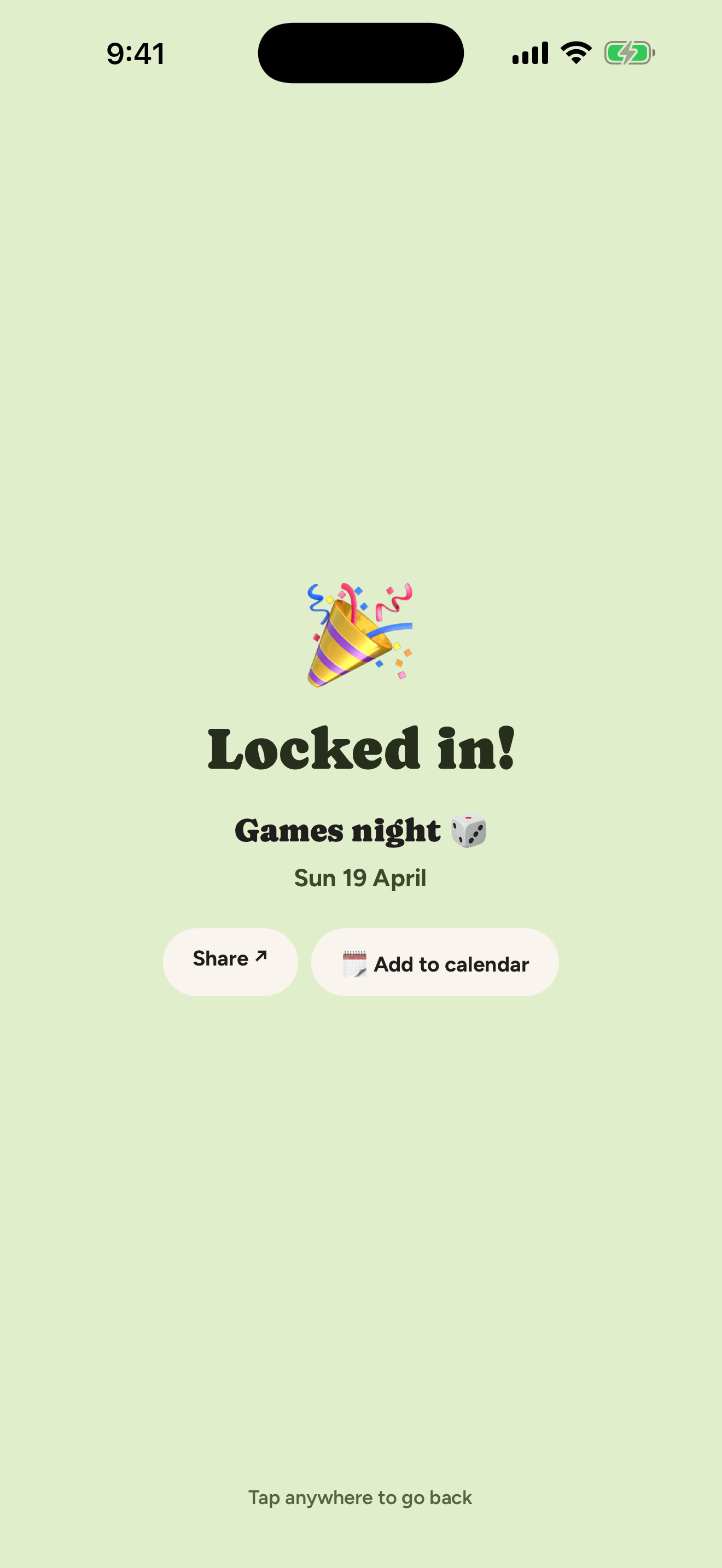 Locked in celebration screen with confetti after a plan is decided