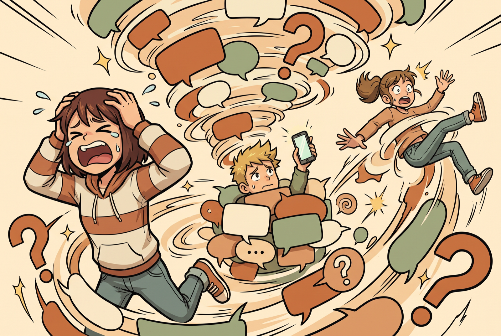 Illustration: three friends lost in a swirling tangle of group chat bubbles and question marks