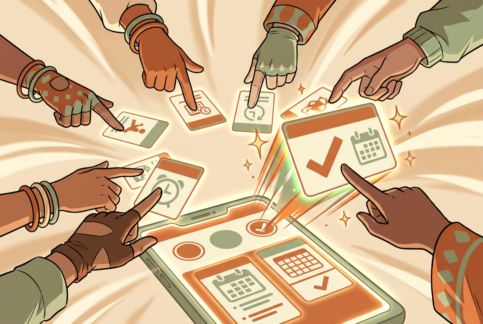 Illustration: hands tapping date cards above a phone, one option leading with a checkmark