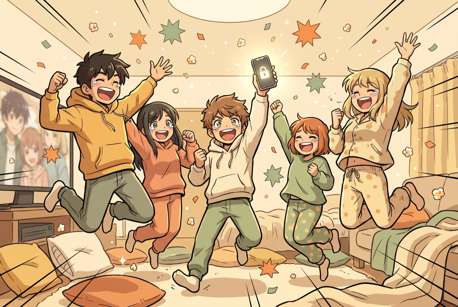 Illustration: friends celebrating movie night under a padlock and a checked calendar page